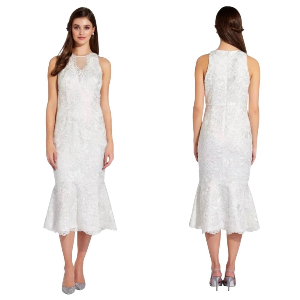 Adrianna Papell Guipure Midi Flounce Dress Ivory White 8 NEW